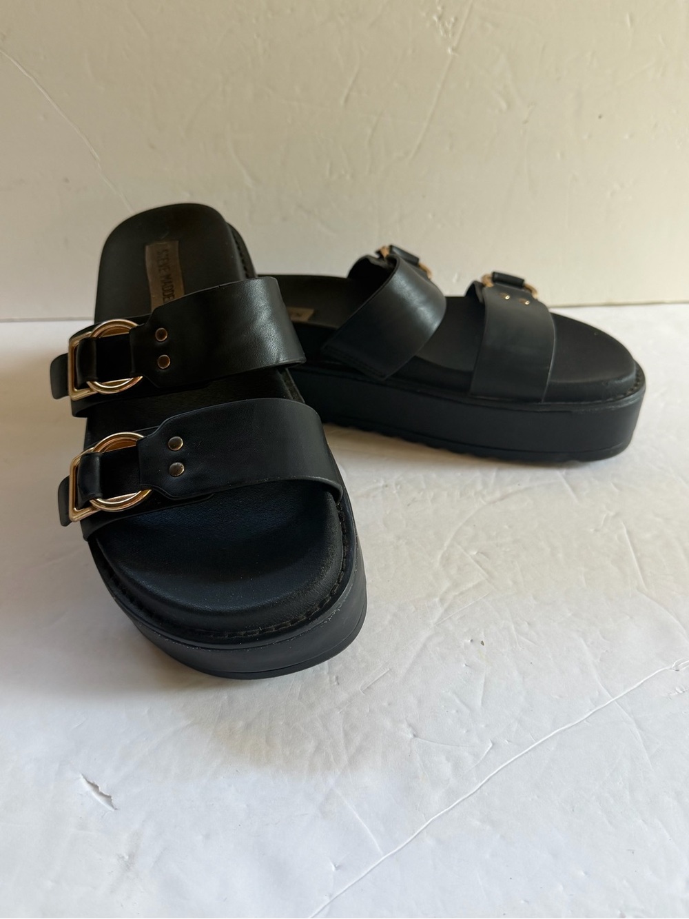 steve Made Women’s Black Slide Sandals Faux Leather Double Strap Buckle Size 8.5